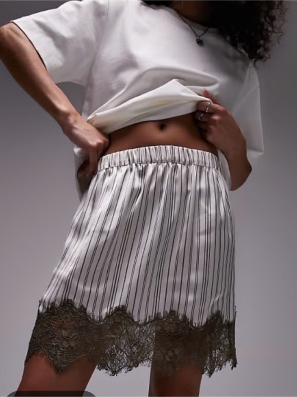 Topshop White Striped Satin Mini Skirt with Olive Lace Hem